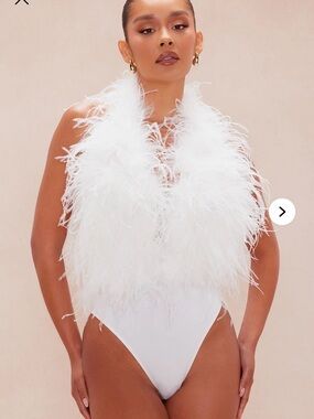 NWT Fashion Nova Fera Feather Bodysuit - White Size XL